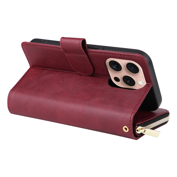 For iPhone 16 Pro 9 Card Slots Zipper Wallet Bag Leather Phone Case(Wine Red)