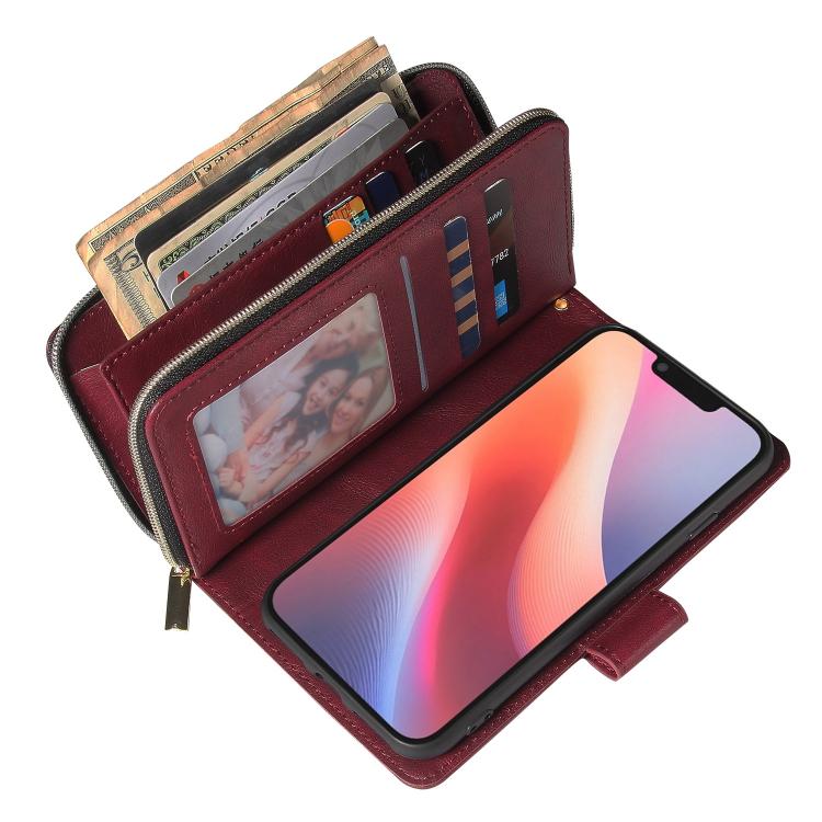 For iPhone 16e 9 Card Slots Zipper Wallet Bag Leather Phone Case(Wine Red) - iPhone 16e Cases by PMC TechLife | Online Shopping South Africa | PMC TechLife | Buy Now Pay Later Mobicred