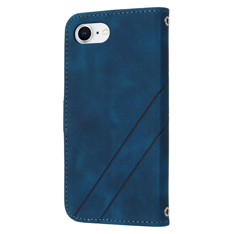 For iPhone 16e Embossed Line Leather Phone Case with Lanyard(Blue)