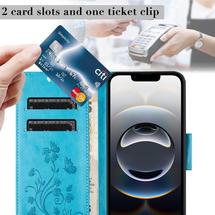 For iPhone 16e Butterfly Flower Pattern Flip Leather Phone Case(Blue) - iPhone 16e Cases by PMC TechLife | Online Shopping South Africa | PMC TechLife | Buy Now Pay Later Mobicred