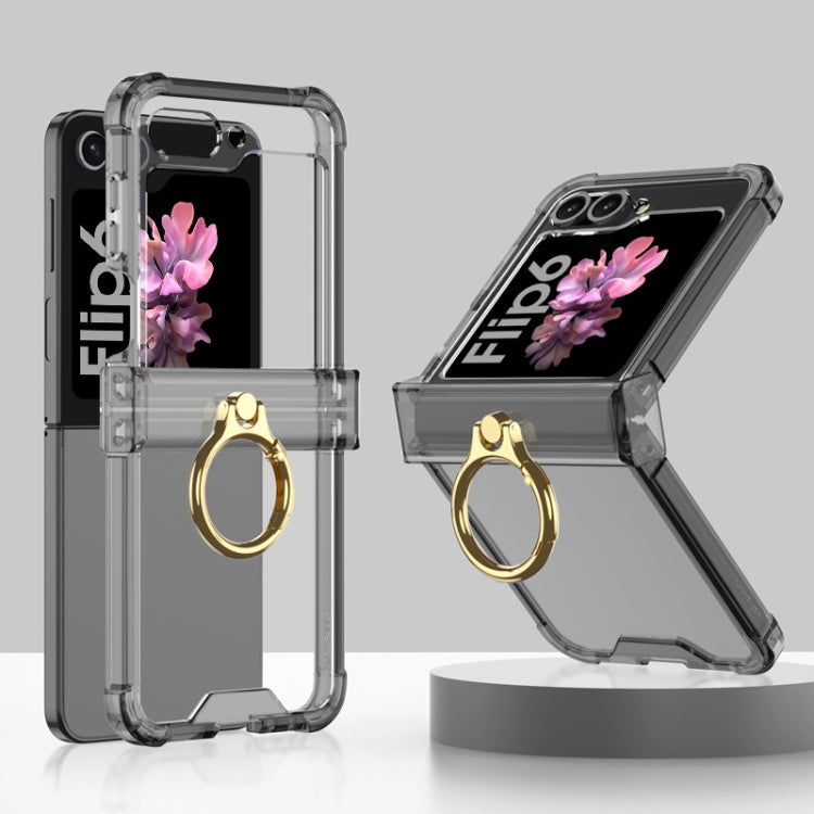 For Samsung Galaxy Z Flip6 Gkk Airbag Hinge Silicone Phone Case with Ring Holder(Transparent Black)