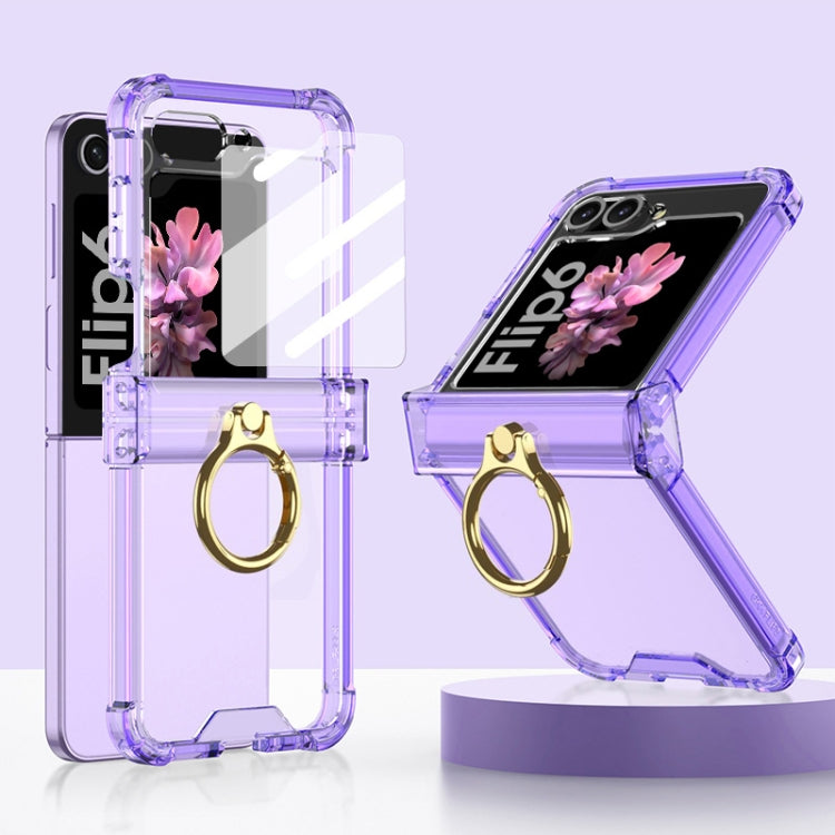 For Samsung Galaxy Z Flip6 Gkk Airbag Hinge Silicone Phone Case with Ring Holder & Tempered Film(Transparent Purple)