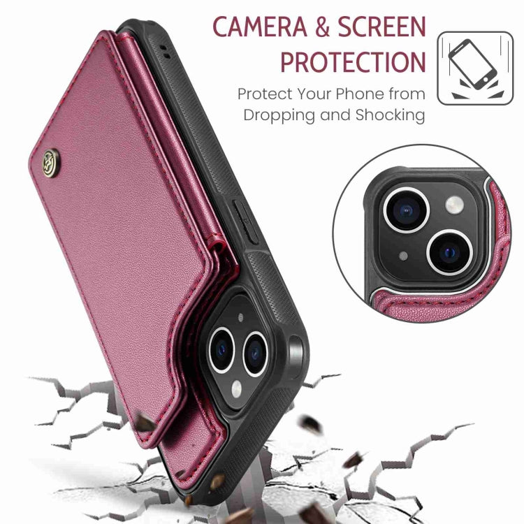 For iPhone 15 CaseMe C22 Card Slots Holder RFID Anti-theft Phone Case(Wine Red)