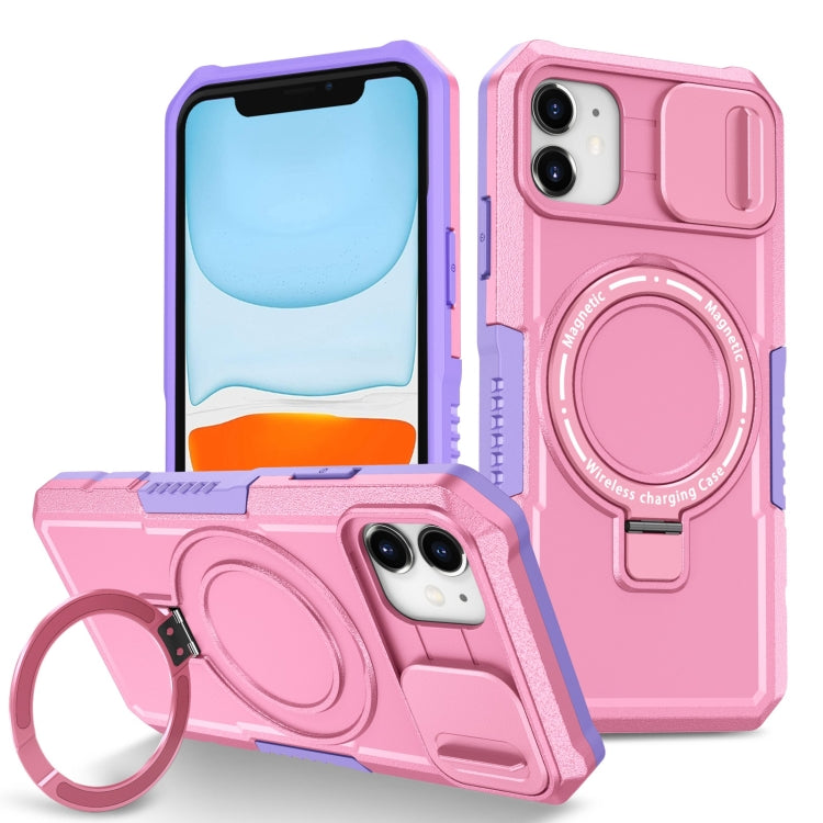 For iPhone 11 Sliding Camshield Magsafe Holder TPU Hybrid PC Phone Case(Purple Pink)