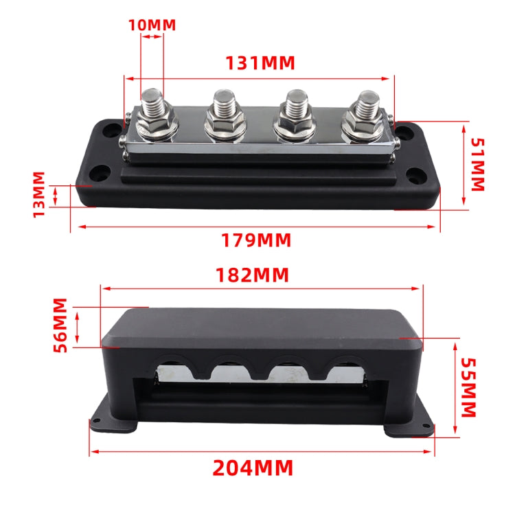 RV 600A High Current Busbar 4-way Straight M10 Wiring Studs(Black)