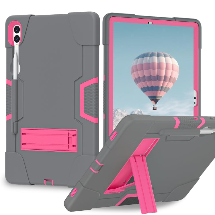 For Samsung Galaxy Tab S9+ Contrast Color Silicone PC Tablet Case with Holder(Grey + Rose Red)