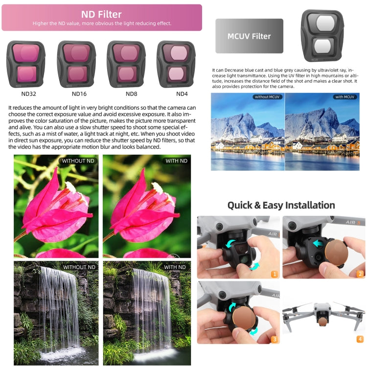 For DJI Air 3 Sunnylife Camera Lens Filter, Filter:4 in 1 ND4/PL ND8/PL ND16/PL ND32/PL