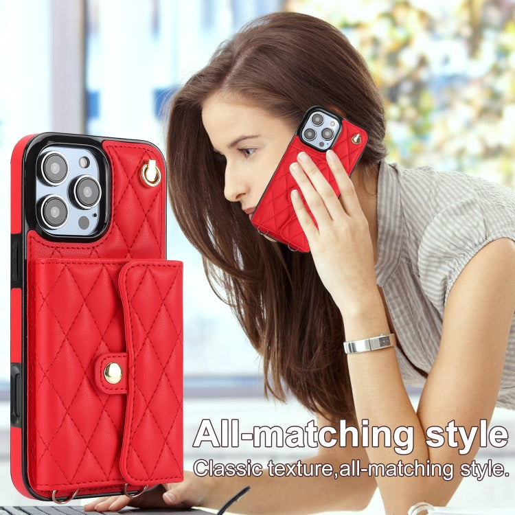 For iPhone 16 Pro Crossbody Rhombic Horizontal Wallet Leather Phone Case(Red)