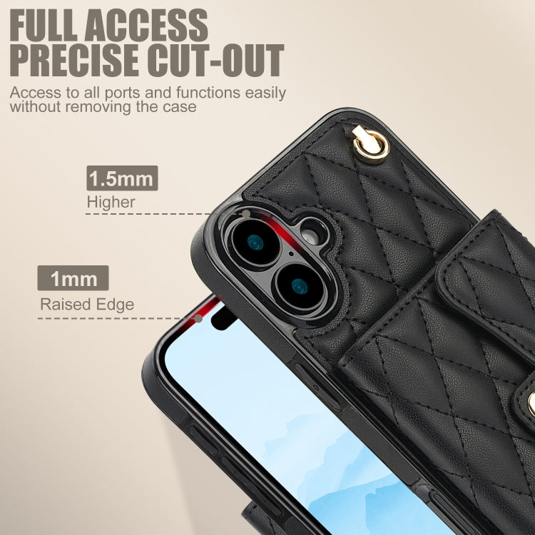 For iPhone 16 Plus Crossbody Rhombic Horizontal Wallet Leather Phone Case(Black)