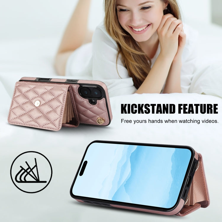 For iPhone 16 Crossbody Rhombic Horizontal Wallet Leather Phone Case(Rose Gold)