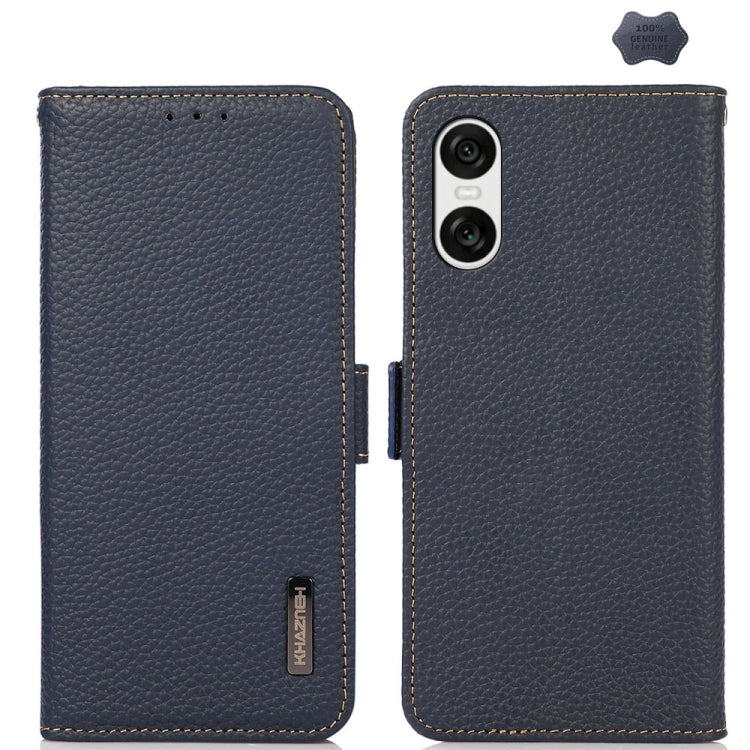 For Sony Xperia 10 VI KHAZNEH Side-Magnetic Litchi Genuine Leather RFID Case(Blue)