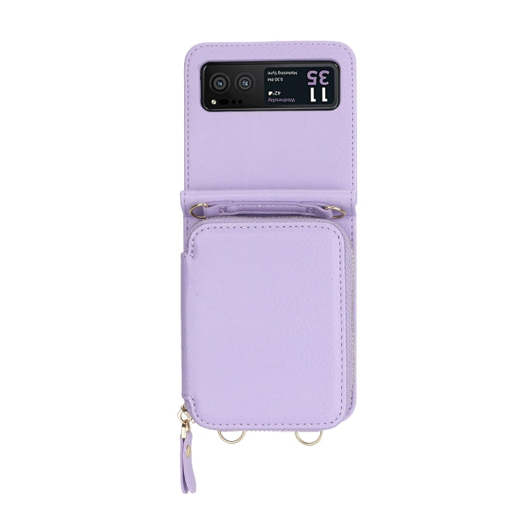 For Motorola Razr 40 Long and Short Lanyard Zipper Card Slot Foldable Phone Case(Purple)