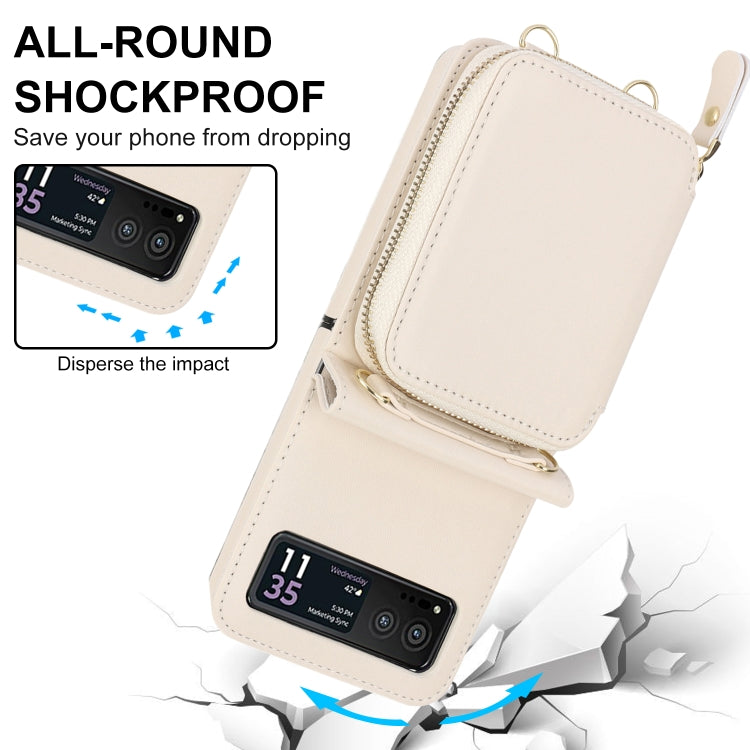 For Motorola Razr 40 Long and Short Lanyard Zipper Card Slot Foldable Phone Case(Beige)