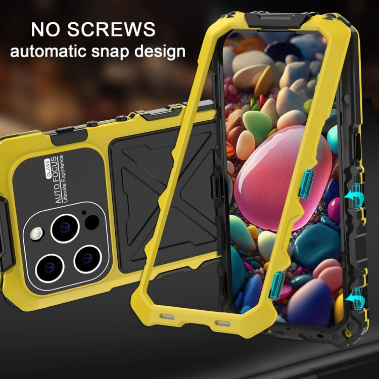 For iPhone 15 Pro R-JUST Metal + Silicone + Tempered Glass Life Water-resistant Phone Case with Holder(Yellow)