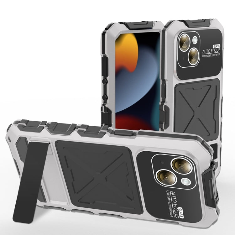 For iPhone 15 Plus R-JUST Metal + Silicone + Tempered Glass Life Water-resistant Phone Case with Holder(Silver)