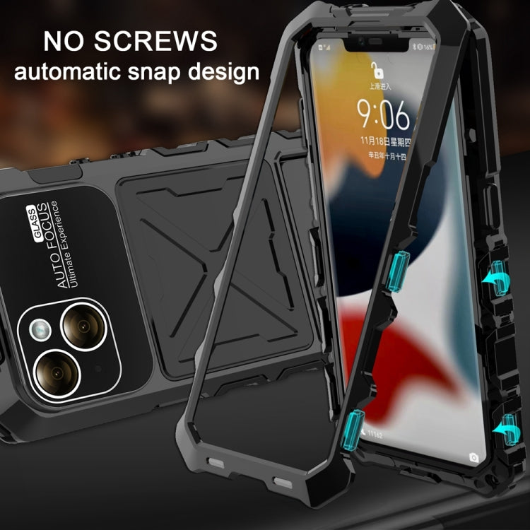For iPhone 15 R-JUST Metal + Silicone + Tempered Glass Life Water-resistant Phone Case with Holder(Black)