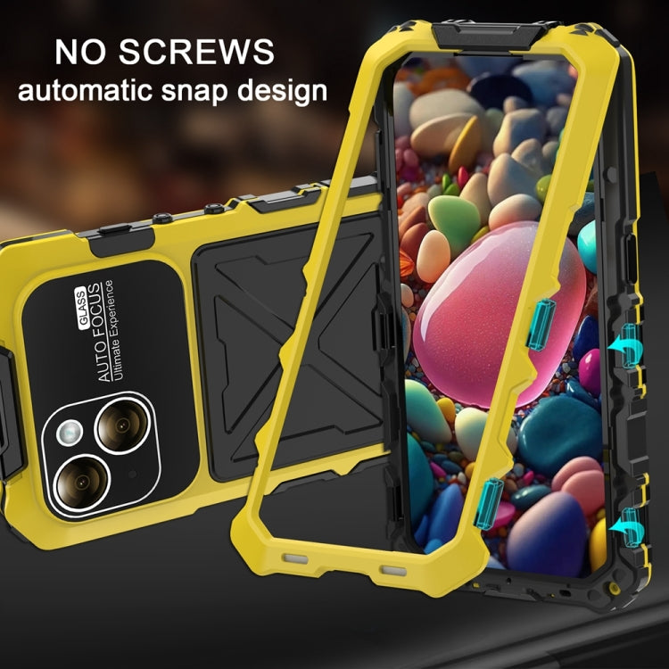 For iPhone 15 R-JUST Metal + Silicone + Tempered Glass Life Water-resistant Phone Case with Holder(Yellow)