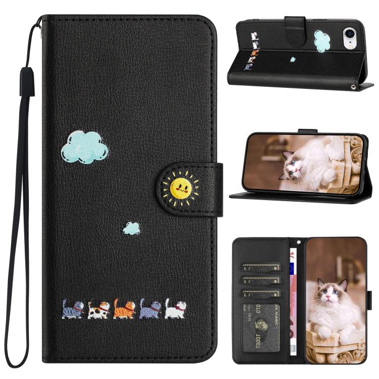 For iPhone 16e Cartoon Cats Leather Phone Case(Black)