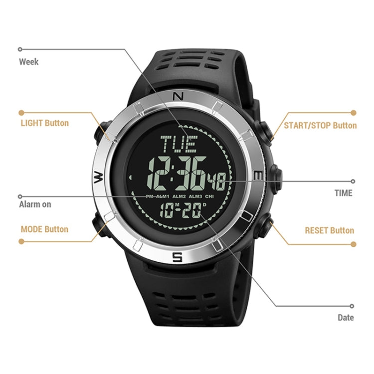 Shimei 2096 Multifunctional Men 50M Waterproof Compass Noctilucent Digital Wrist Watch(Silver) - free shipping - PMC Jewellery - Order now!
