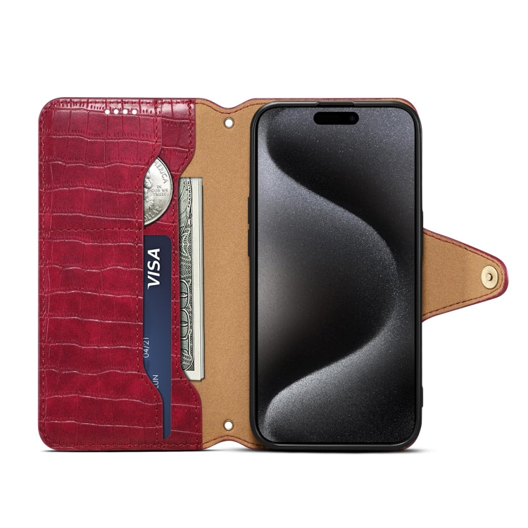 For iPhone 16 Denior Crocodile Texture Oil Edge Leather Phone Case(Rose Red)