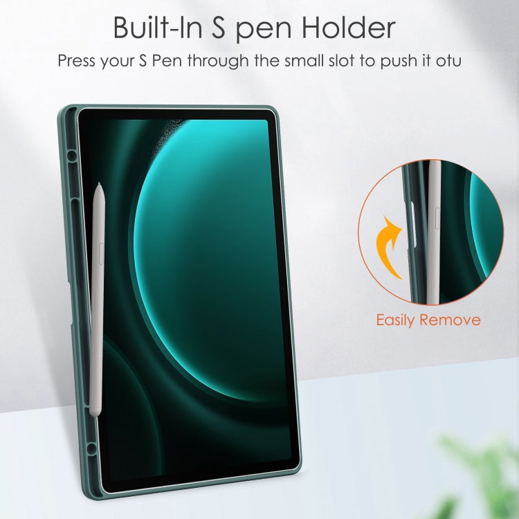 For Samsung Galaxy Tab S9 FE+ / S10+ Acrylic 3-folding Smart Leather Tablet Case with Pen Slot(Dark Green)