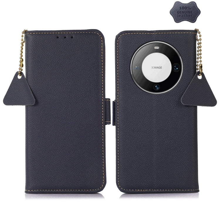 For Huawei Mate 60 Pro Side-Magnetic TJ Genuine Leather RFID Phone Case(Blue)