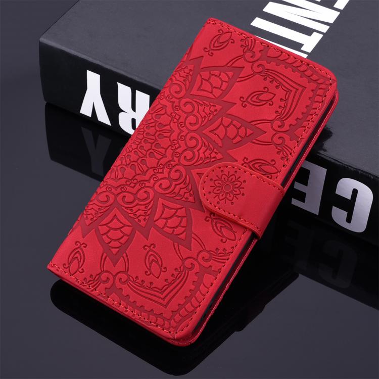 For iPhone 16e Mandala Embossed Dual-Fold Calf Leather Phone Case(Red) - iPhone 16e Cases by PMC TechLife | Online Shopping South Africa | PMC TechLife | Buy Now Pay Later Mobicred
