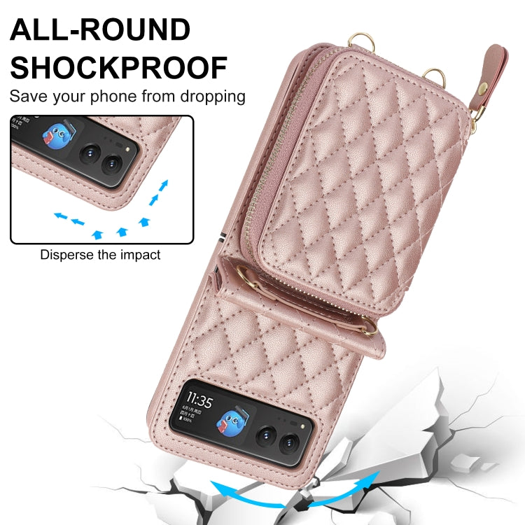 For Motorola Razr 40 Rhombic Texture Card Bag Phone Case with Dual Lanyard(Rose Gold)