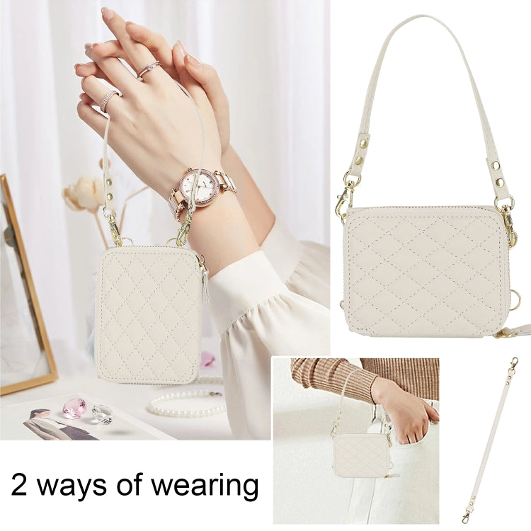 For Motorola Razr 40 Rhombic Texture Card Bag Phone Case with Dual Lanyard(White) - Motorola Cases by PMC TechLife | Online Shopping South Africa | PMC TechLife | Buy Now Pay Later Mobicred