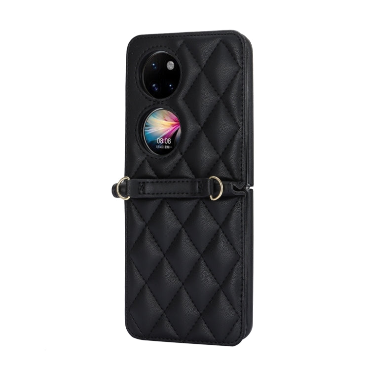 For Huawei P50 Pocket Rhombic Texture Card Bag Phone Case with Dual Lanyard(Black)