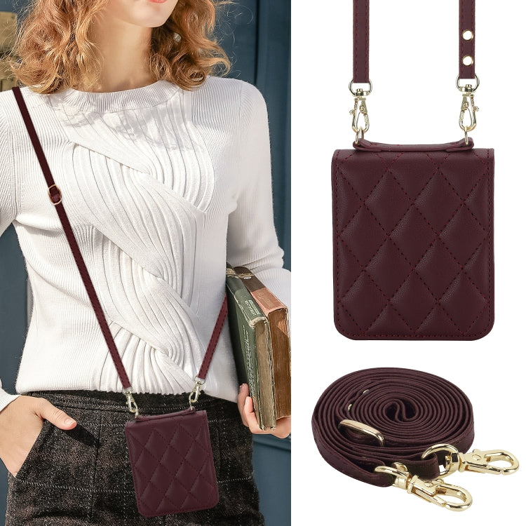 For Huawei P50 Pocket Rhombic Texture Card Bag Phone Case with Dual Lanyard(Burgundy)