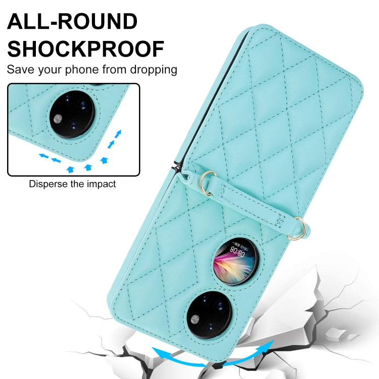 For Huawei P50 Pocket Rhombic Texture Card Bag Phone Case with Dual Lanyard(Green)