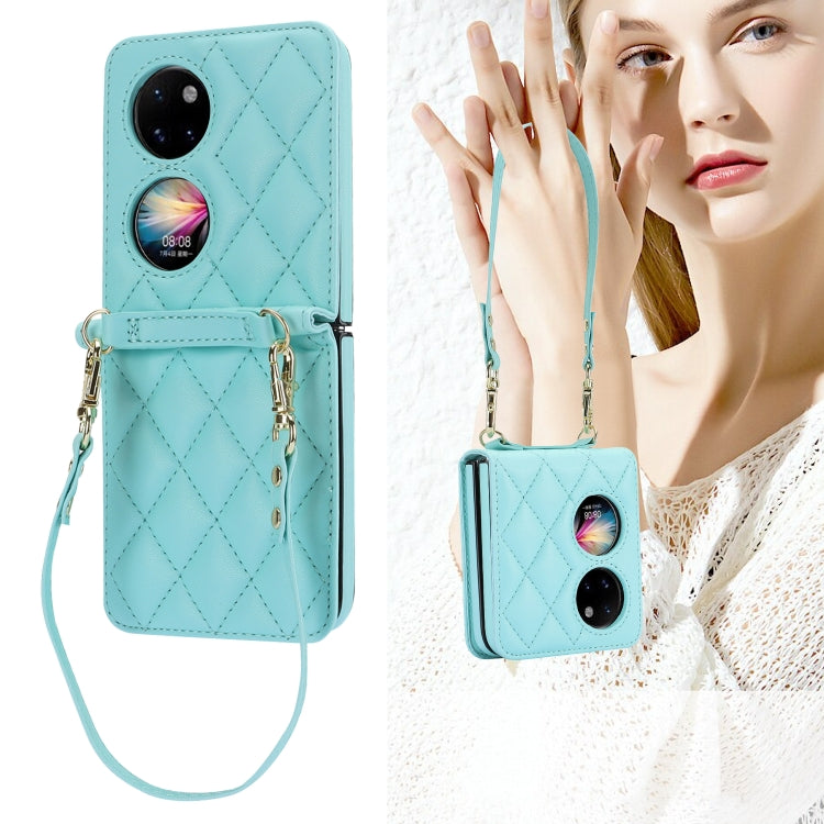 For Huawei P50 Pocket Rhombic Texture Card Bag Phone Case with Dual Lanyard(Green)