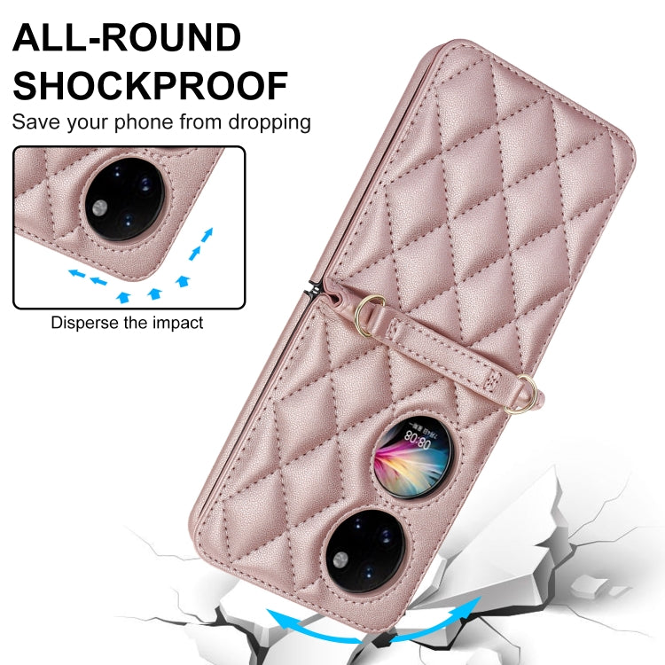 For Huawei P50 Pocket Rhombic Texture Card Bag Phone Case with Dual Lanyard(Rose Gold)