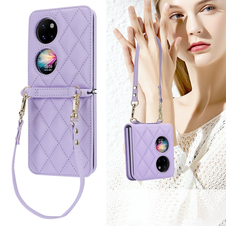 For Huawei P50 Pocket Rhombic Texture Card Bag Phone Case with Dual Lanyard(Purple)