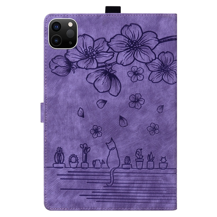 For iPad Pro 11 2024 Cartoon Sakura Cat Embossed Smart Leather Tablet Case(Purple)