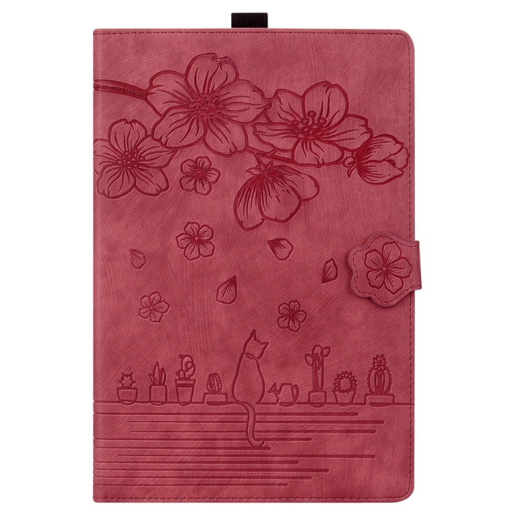 For iPad Pro 13 2024 Cartoon Sakura Cat Embossed Smart Leather Tablet Case(Red)
