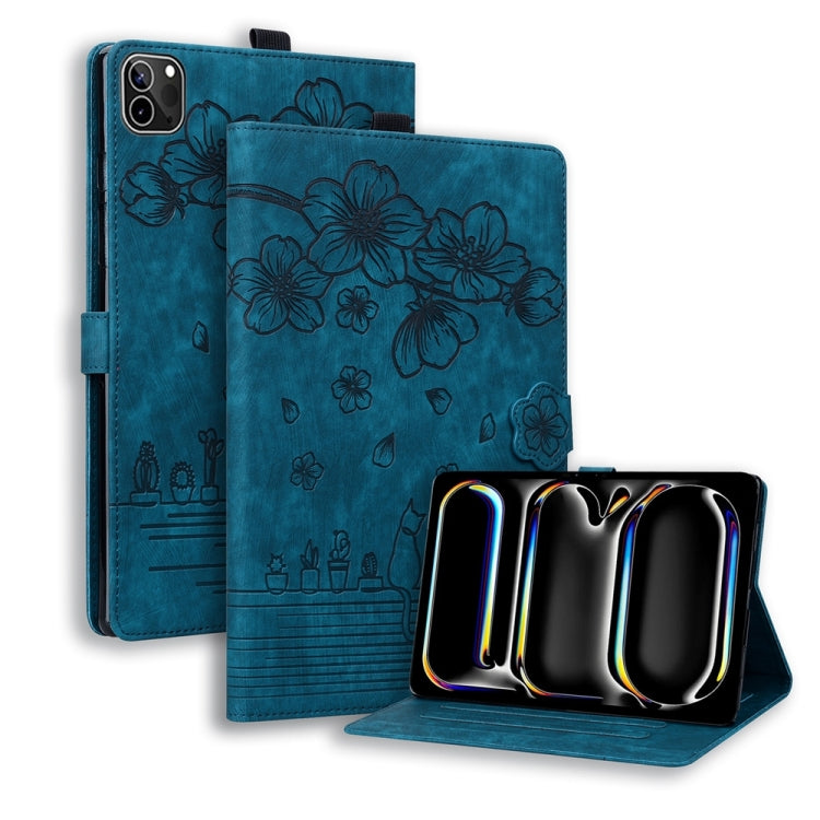 For iPad Pro 13 2024 Cartoon Sakura Cat Embossed Smart Leather Tablet Case(Blue)