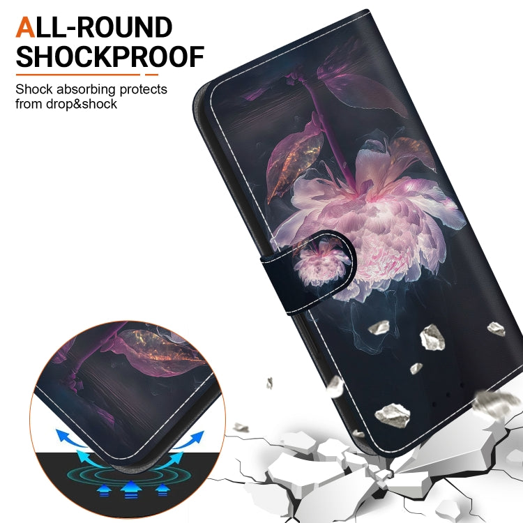 For iPhone 16e Crystal Texture Colored Drawing Leather Phone Case(Purple Peony) - iPhone 16e Cases by PMC TechLife | Online Shopping South Africa | PMC TechLife | Buy Now Pay Later Mobicred