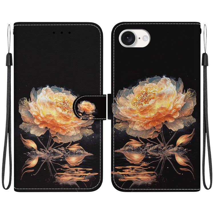 For iPhone 16e Crystal Texture Colored Drawing Leather Phone Case(Gold Peony)