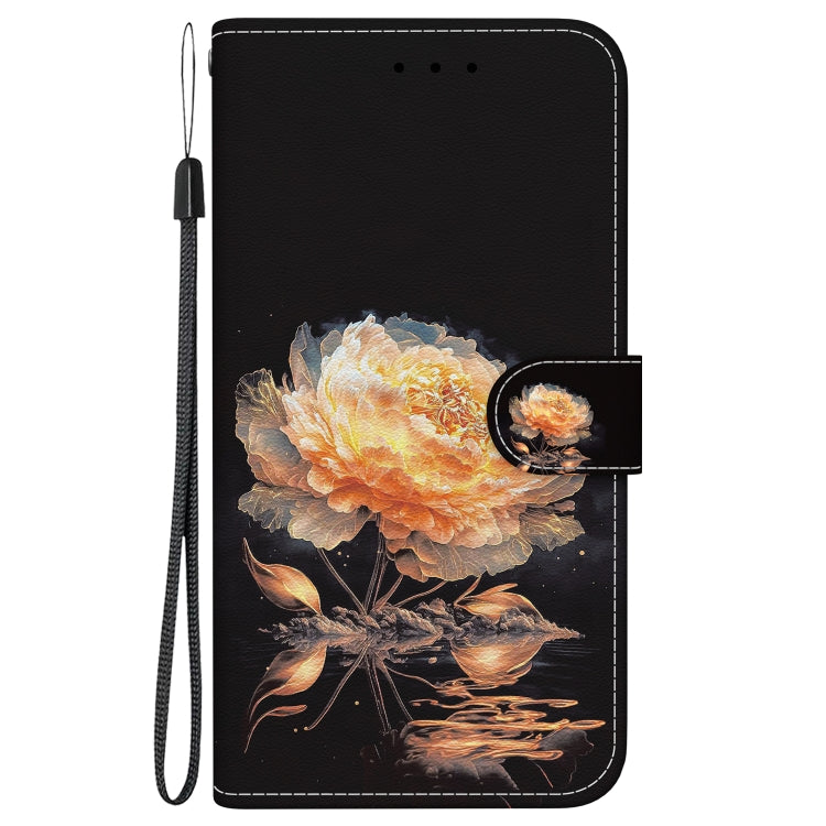 For iPhone 16e Crystal Texture Colored Drawing Leather Phone Case(Gold Peony)