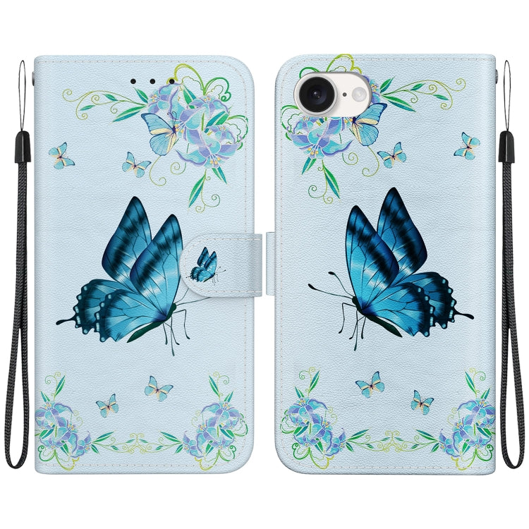 For iPhone 16e Crystal Texture Colored Drawing Leather Phone Case(Blue Pansies)