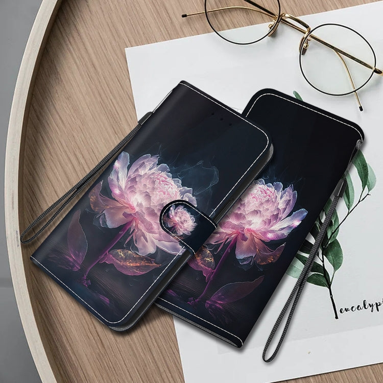 For iPhone 16 Pro Max Crystal Texture Colored Drawing Leather Phone Case(Purple Peony)