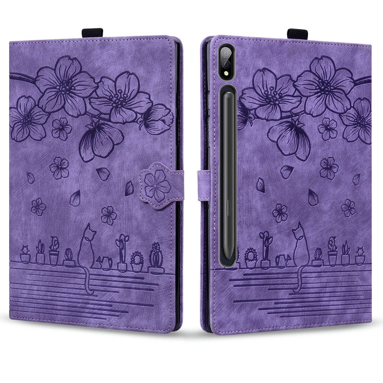 For Samsung Galaxy Tab S9 Ultra /S8 Ultra Cartoon Sakura Cat Embossed Leather Tablet Case(Purple)