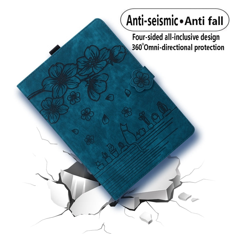 For Samsung Galaxy Tab S9 FE Cartoon Sakura Cat Embossed Leather Tablet Case(Blue)