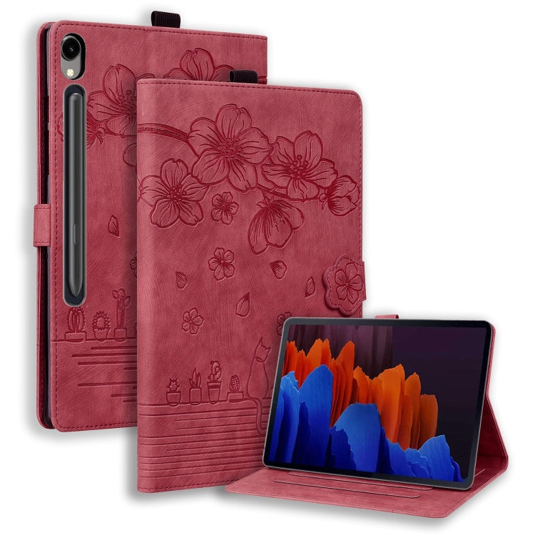 For Samsung Galaxy Tab S9 FE+ Cartoon Sakura Cat Embossed Leather Tablet Case(Red)