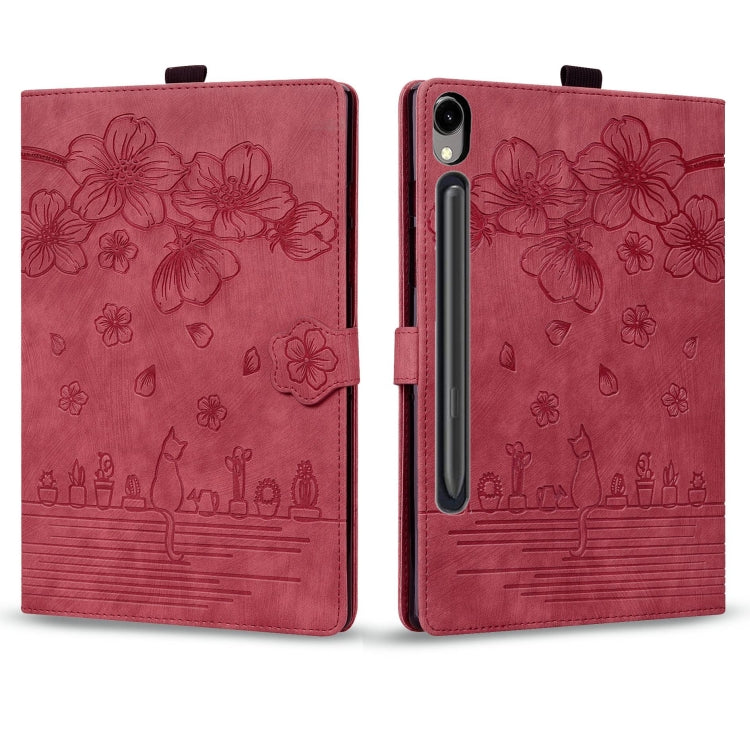 For Samsung Galaxy Tab S9 FE+ Cartoon Sakura Cat Embossed Leather Tablet Case(Red)