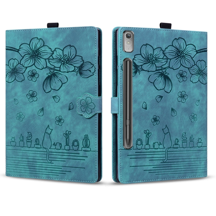 For Lenovo Xiaoxin Pad Pro 2022 / P11 Pro 2 Cartoon Sakura Cat Embossed Leather Tablet Case(Green)