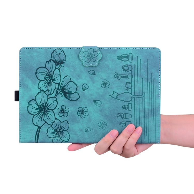 For Lenovo Tab M11 / Xiaoxin Pad 11 2024 Cartoon Sakura Cat Embossed Leather Tablet Case(Green)