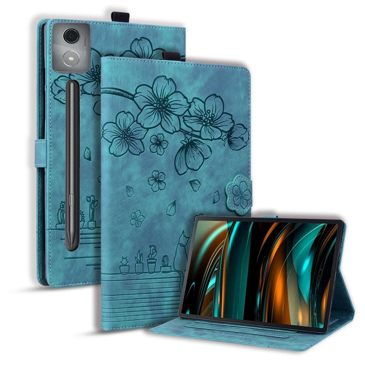 For Lenovo Xiaoxin Pad Pro 12.7 2025 Cartoon Sakura Cat Embossed Leather Tablet Case(Green)